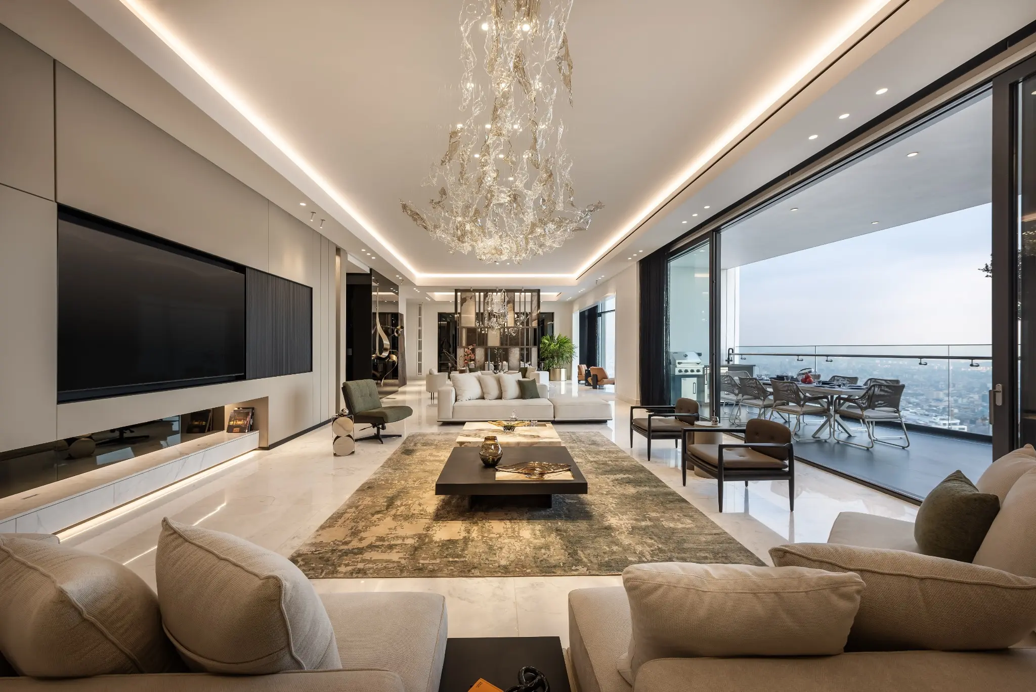 FARHO interior at Tandis Zanbagh Residence, opening to the Tehran skyline