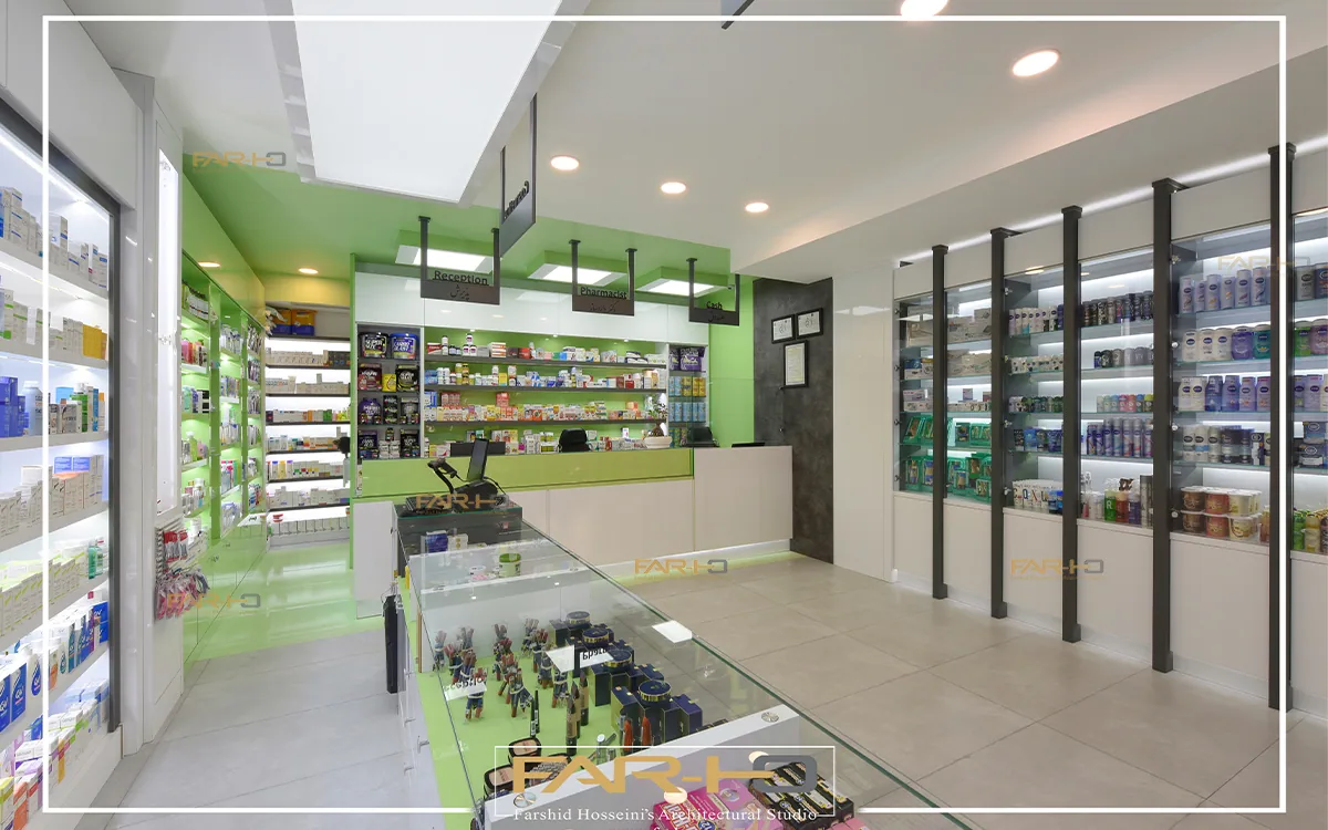 Interior design and execution project of pharmacy in Niavaran, a FARHO architecture project in Niavaran, Tehran.