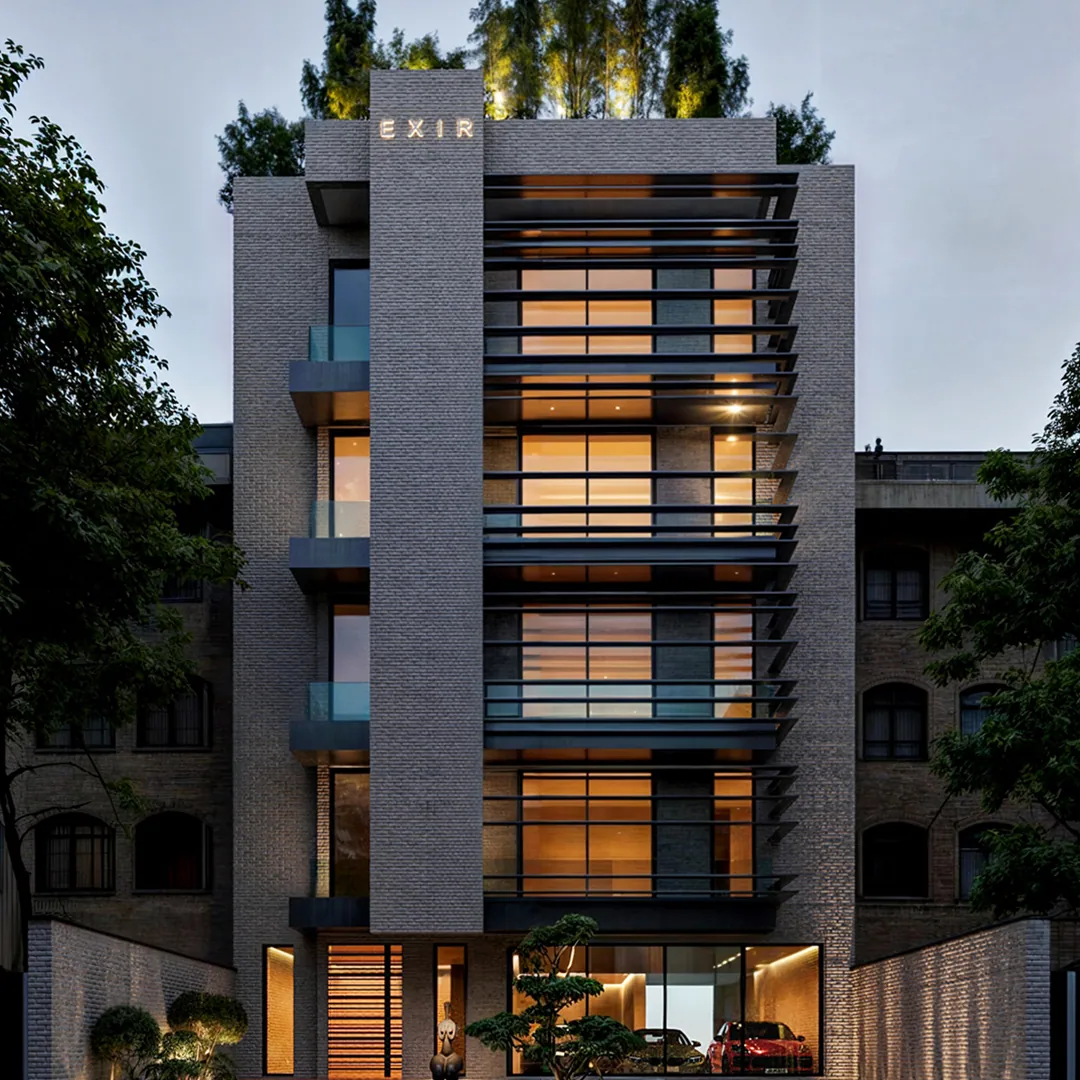 Dusk architectural rendering of Exir Office Complex in Karaj, a slender multi-storey workplace with vertical fins, warm glazing and planted roof terraces.