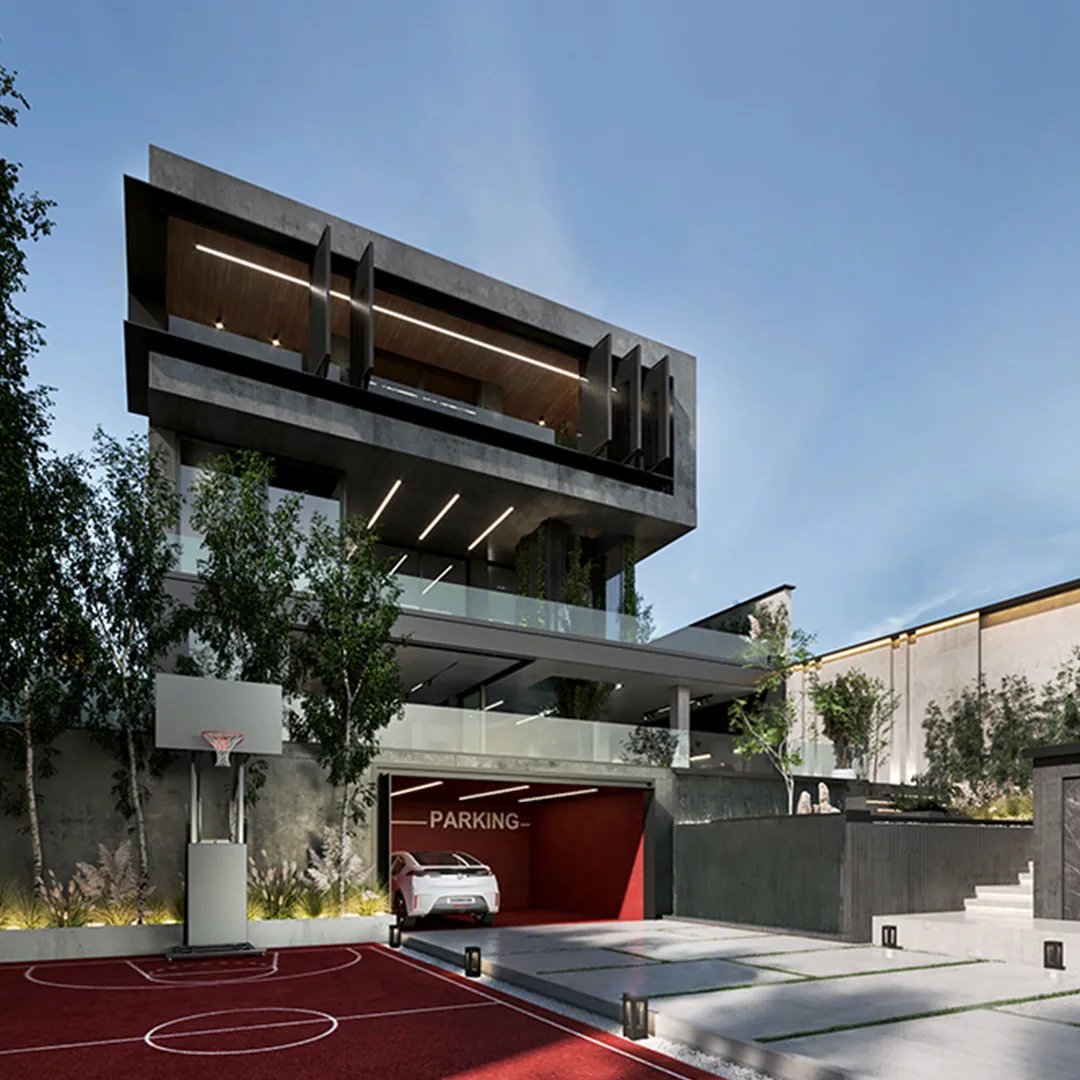 Street-facing view of Hasht Behesht Villa in Damavand, defined by stacked concrete volumes, deep timber-lined terraces and a landscaped forecourt.
